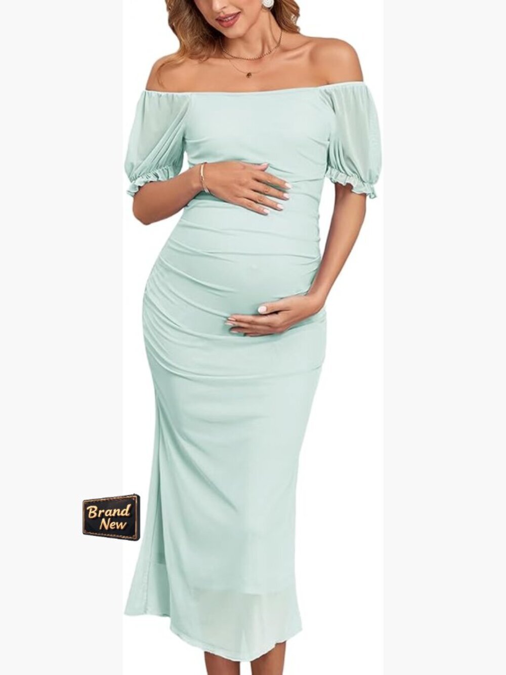 Maternity Bodycon Dress with Puff Sleeves, Square Neck, Ruching, Fishtail Hem